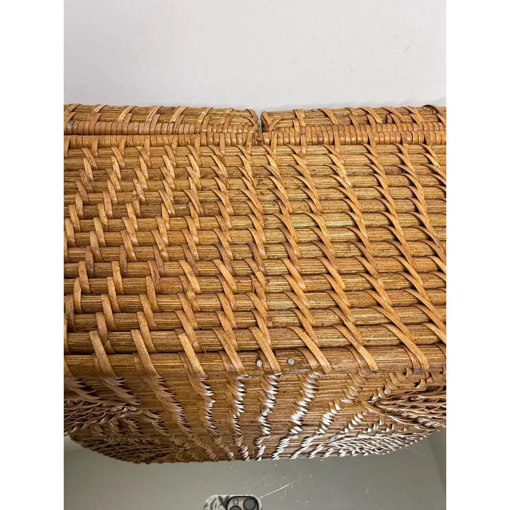 Vintage Boho Rectangular Wicker Storage Basket With Double Bins And Lids, Vintag
